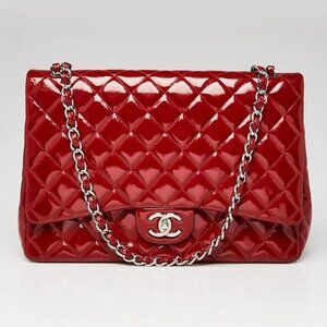 Chanel Dark Red Quilted Patent Leather Classic Maxi Double Flap Bag